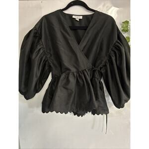 Kika Vargas & Target Puff Sleeve Wrap Blouse Size M Scalloped Edges Black Whimsy